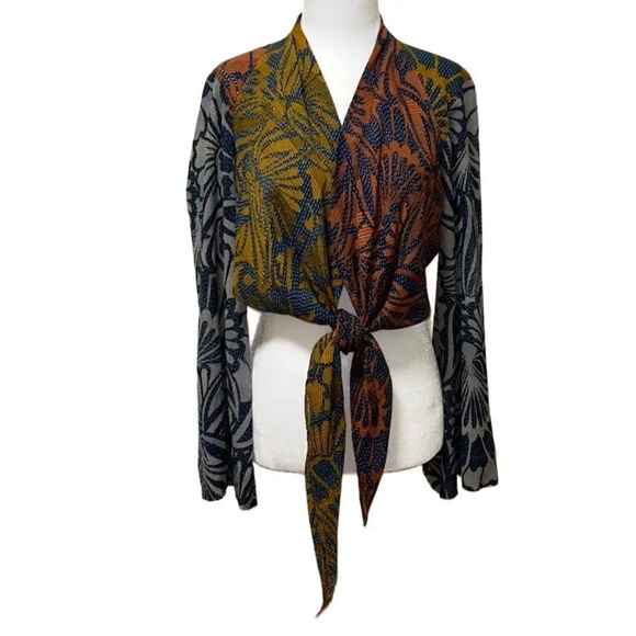 BCBG - “Amu” Patterned Tie Blouse - SZ S, Multi Color - Picture 1 of 8